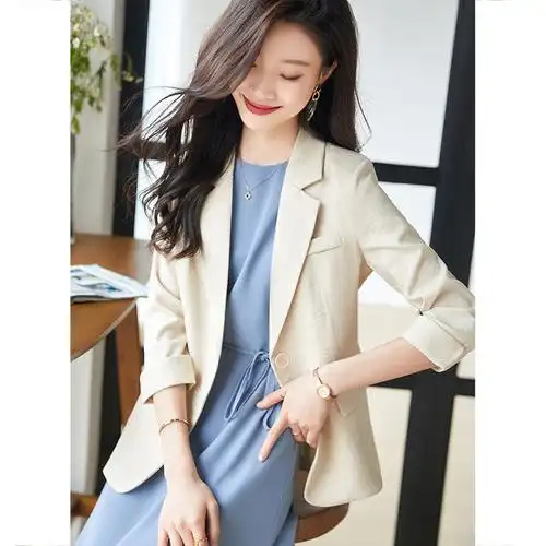 2022春季新款小西服气质时尚洋气格子一粒扣七分袖休闲西装外套女