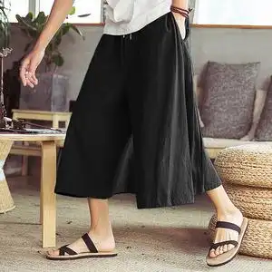 日本改良男和服袴裤日系棉麻阔腿裤裙裤宽松亚麻甩腿大脚裤九分裤