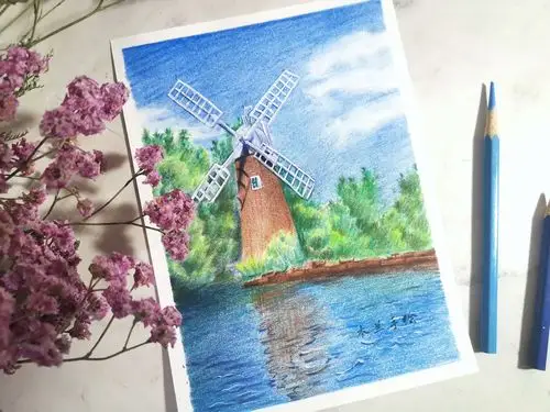 彩铅唯美彩铅风景动漫系风车