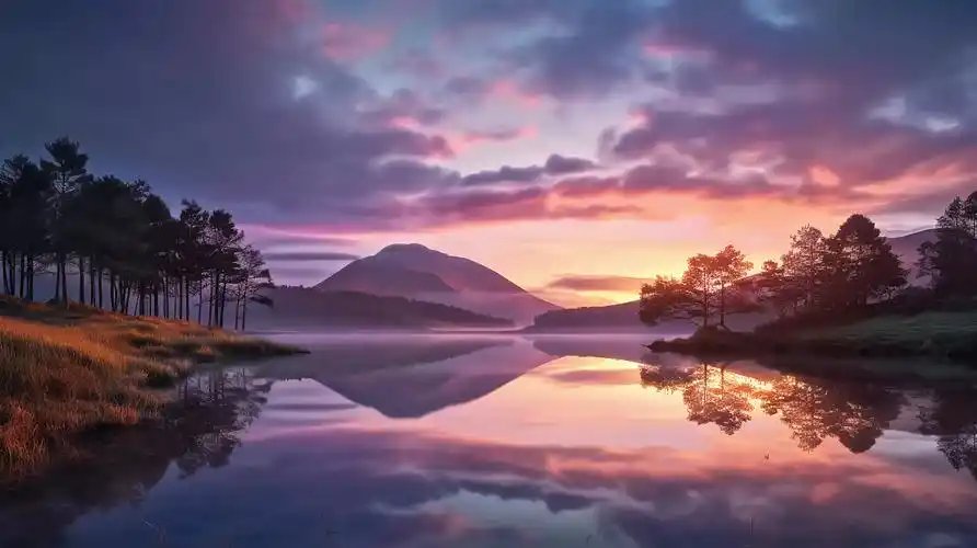 夕阳下的山水晚霞霞光湖面倒影意境自然景色山湖风景旅游宣传梦幻唯美