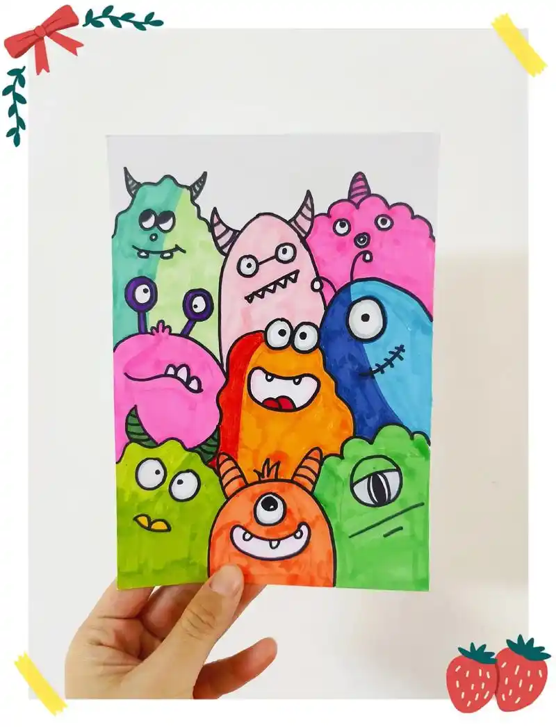 小怪兽创意美术画.可爱的小怪兽,简单又好看哦!快来和小朋友们 - 抖音