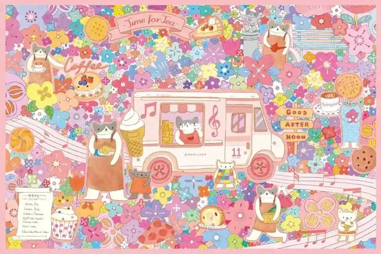 原创插画拼图粉色治愈花园下午茶