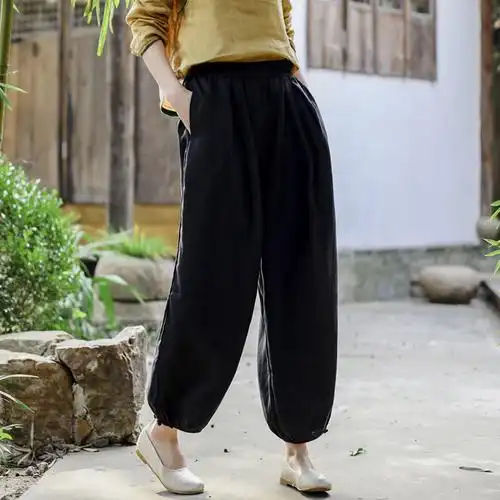 亚麻九分裤宽松女裤2022春款新品民族风复古文艺休闲灯笼裤