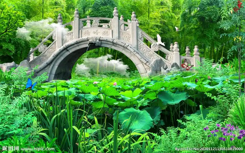 小桥流水竹林3d风景画图片