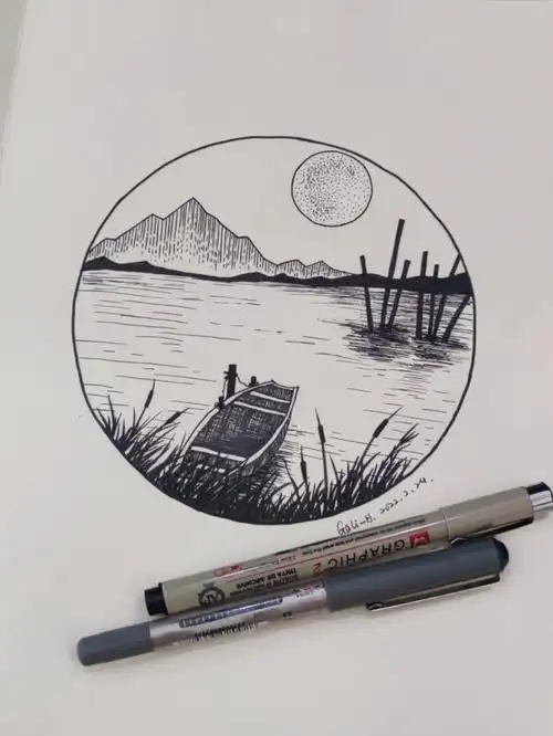 224小船黑白风景画针管笔线描手绘临摹