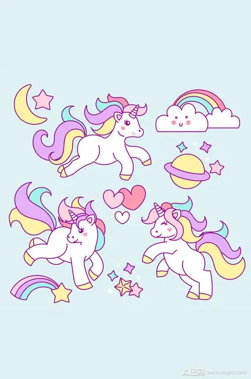 3只彩色独角兽矢量素材