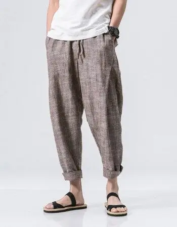 夏季中国风男裤亚麻裤棉麻料九分裤宽松哈伦裤休闲阔腿裤萝卜裤子