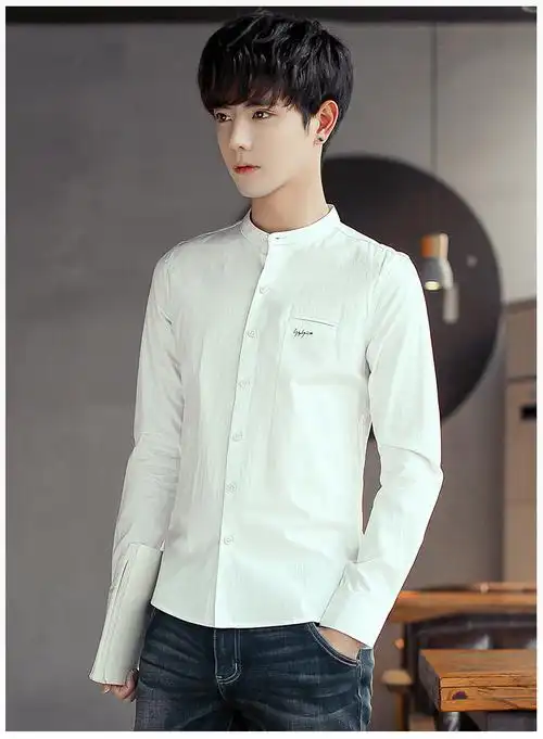 青少年男士衬衫韩版修身纯色英文绣花打底衫立领长袖帅气有型内搭