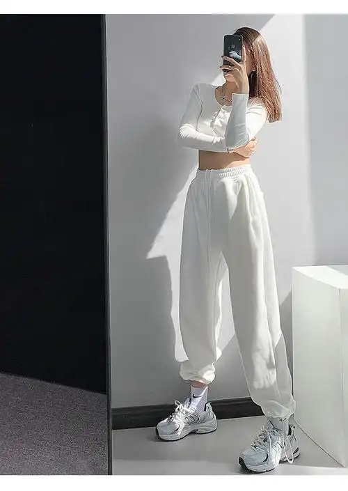 加绒运动裤女秋冬加厚灰色抽绳束脚裤高腰休闲卫裤抖音网红同款年货节