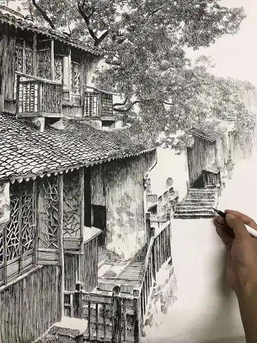 钢笔画江南水乡