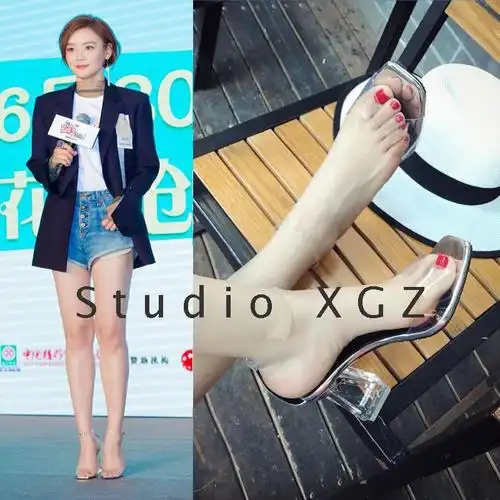 袁姗姗同款2020夏季透明高跟鱼嘴凉鞋性感一字带露趾粗跟水晶鞋女