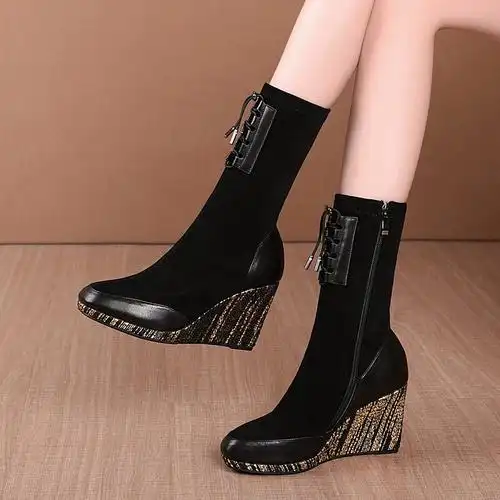 高跟侧拉链时装靴女秋冬新款欧美风舒适百搭定制大码靴子女弹力靴女靴