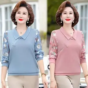 t恤小衫新款针织纱袖长袖上衣洋气打底衫妈妈秋装薄款中老年女装
