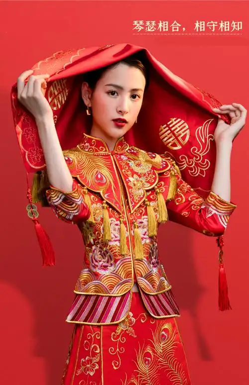 漯岚红盖头结婚中式头纱新娘喜帕秀禾服出嫁高档婚纱拍照红色婚礼刺绣