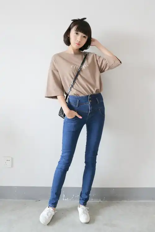 韩版高腰显瘦牛仔小脚裤
