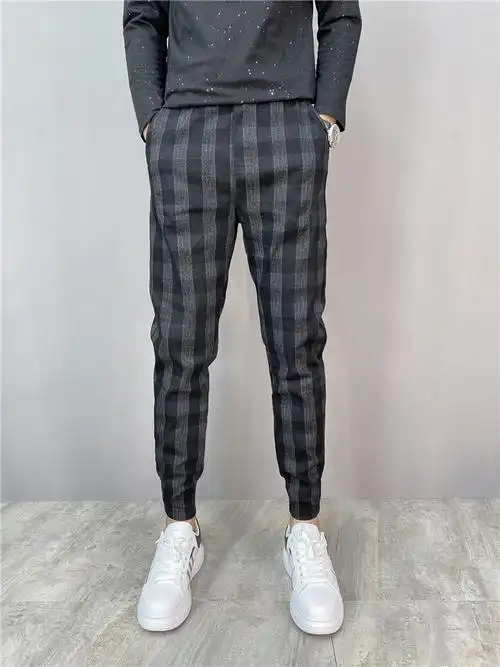 春夏新款男士格子休闲裤弹力修身小脚九分哈伦休闲裤