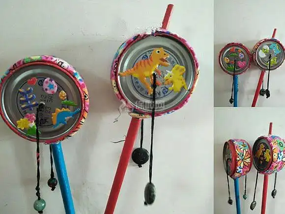 家居diy:易拉罐罐底做拨浪鼓玩具