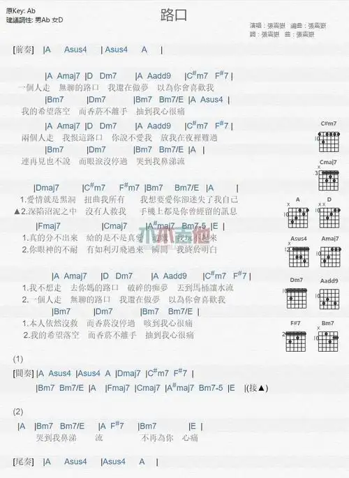 张震岳《路口》吉他谱_a调和弦弹唱谱