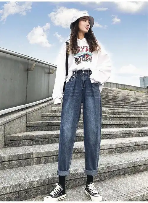 伊莎贝丽 2020年春季韩版牛仔长裤宽松高腰女学生直筒铅笔裤 蓝色 m