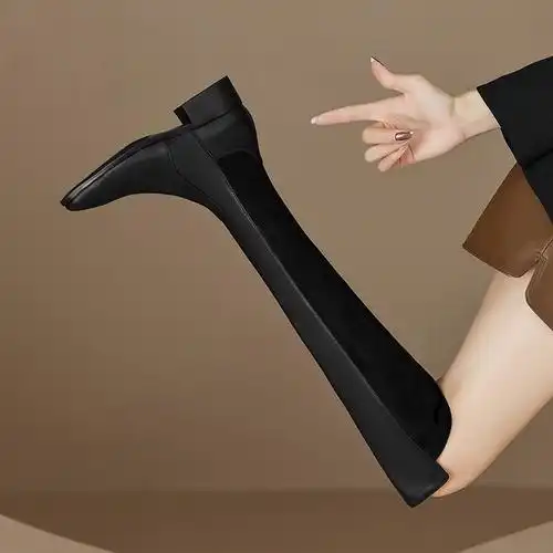 磨砂皮拼接长靴女秋冬季新款牛皮长筒弹力瘦瘦靴中跟百搭过膝女靴