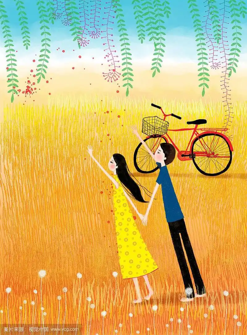 唯美浪漫情侣时尚插画系列-草地上手牵手的男孩女孩
