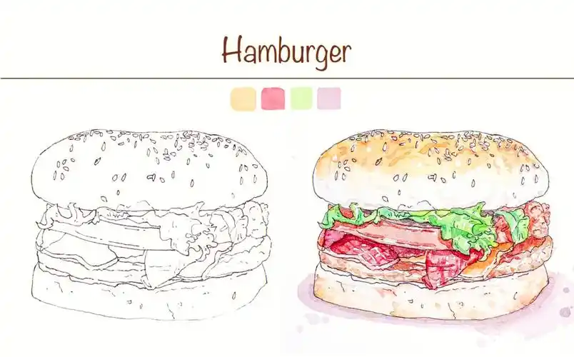 【钢笔淡彩】治愈美食汉堡包线稿➕上色 步骤图