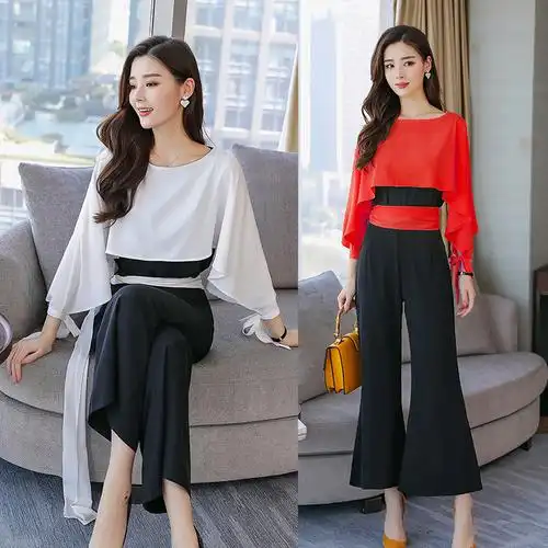 女士新品女装秋装两件套裤雪纺长袖上衣阔腿裤长裤休闲时尚套装女