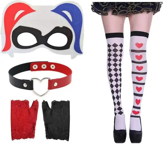 蓝色红色哈雷quinn 面具   心形领   过膝长袜   蕾丝无指手套
