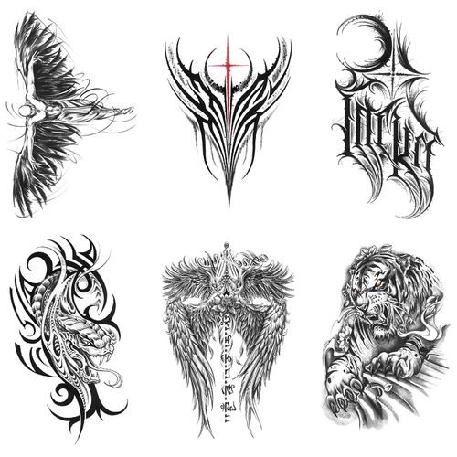 天使翅膀图腾线条一次性纹身贴男仿真水转印半臂小腿临时彩绘贴画