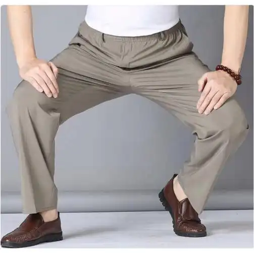 中老年人加肥加大男裤宽松裤夏季薄款桑蚕丝裤子男中老年深裆长裤男士