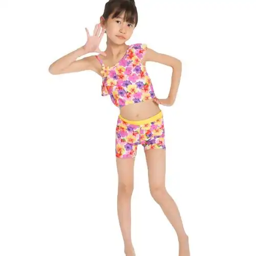 儿童单肩吊带分体泳衣 粉色花朵女童宝宝沙滩平角泳裤分体套装