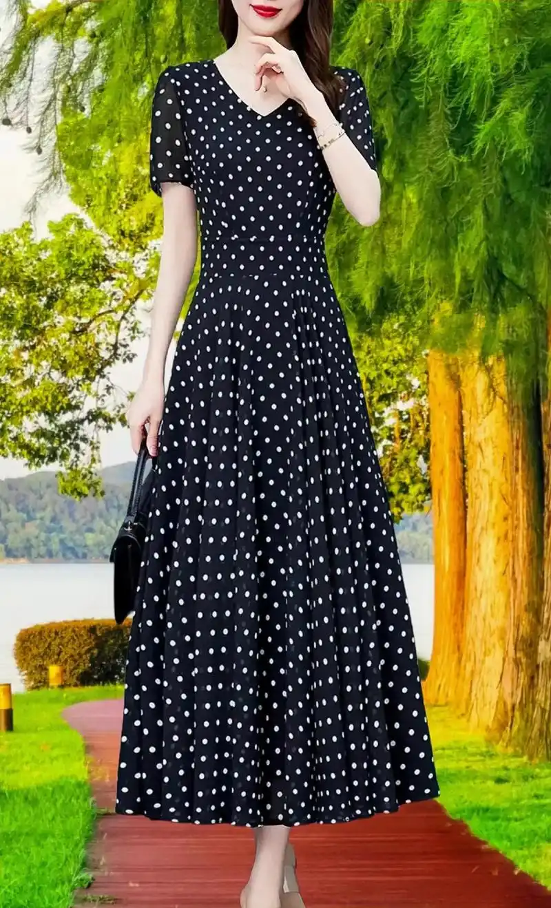波点收腰显瘦雪纺连衣裙～简单大方时尚精致