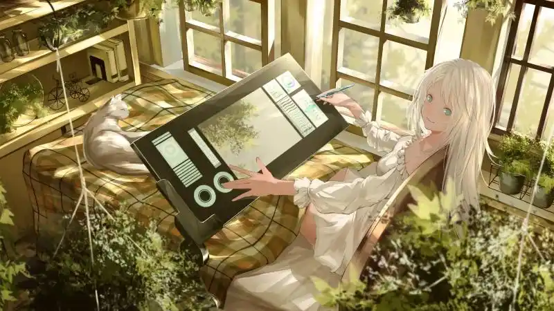 房间女孩画画猫植物绿植唯美4k高清动漫壁纸5120x1440