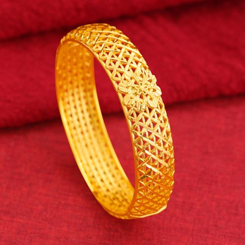 沙金复古雕花镂空花朵手镯宽黄金色999女士送妈妈礼物汉服配饰