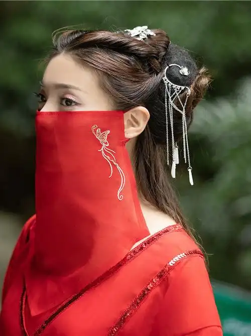 古风刺绣花面纱复古代汉服遮脸挂耳超仙古装汉服蒙面白色凤凰绑带面纱