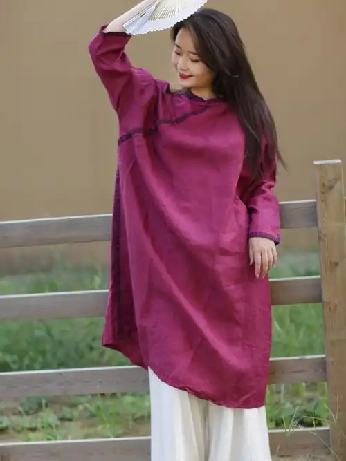 秋新原创棉麻女装文艺复古盘扣中长袍子民族风连衣裙