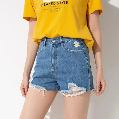 女小雏菊破洞夏季2021新款女潮ins高腰显瘦阔腿裤a字热裤牛仔短裤