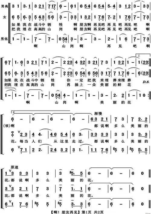啊 朋友再见合唱 歌谱简谱网
