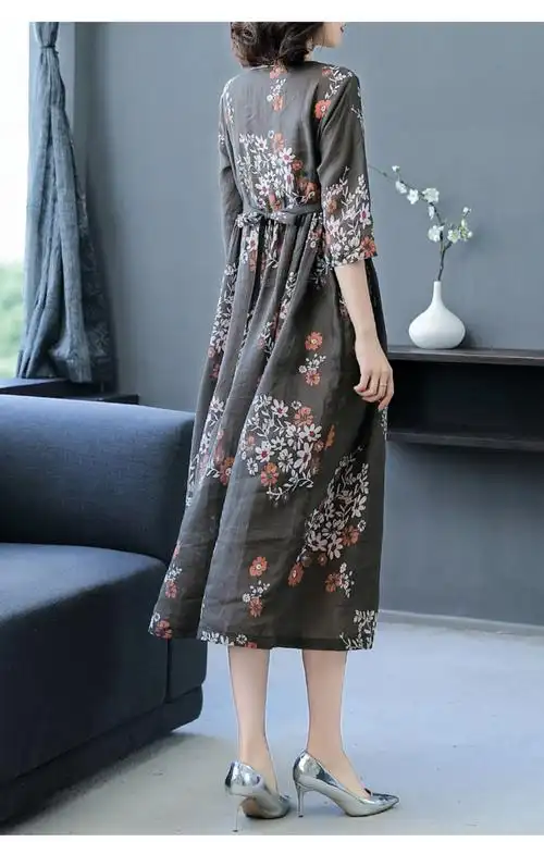 女装新款高端休闲妈妈v领亚麻棉麻减龄裙子 咖花 m【图片 价格 品牌