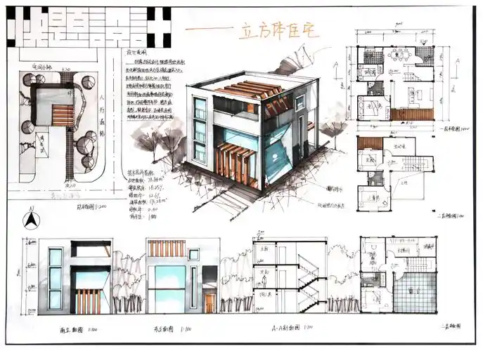 别墅住宅手绘快题设计1★餐馆建筑手绘快题设计★残疾人服务中心