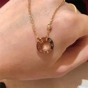 cartier卡地亚经典love圆饼项链女18k玫瑰金镶钻圆环双链锁骨链女