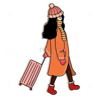 旅游手绘插画元素png带行李箱的女生png拖着行李箱的女生卡通插画风格