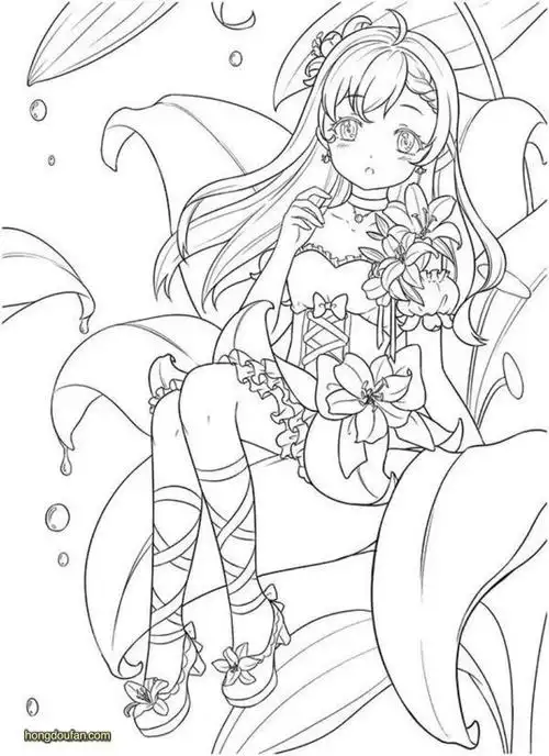 坐在百合花上的可爱小仙子女生涂色填色大全-红豆饭小学生简笔画大全