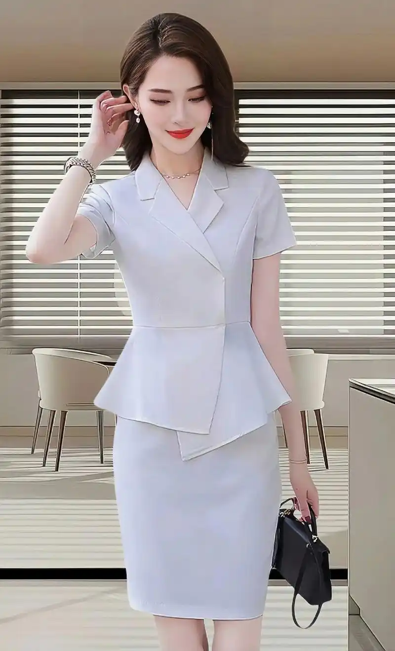 夏季白色时尚短袖西服套裙女名媛女神范前台美容师职业西服套装