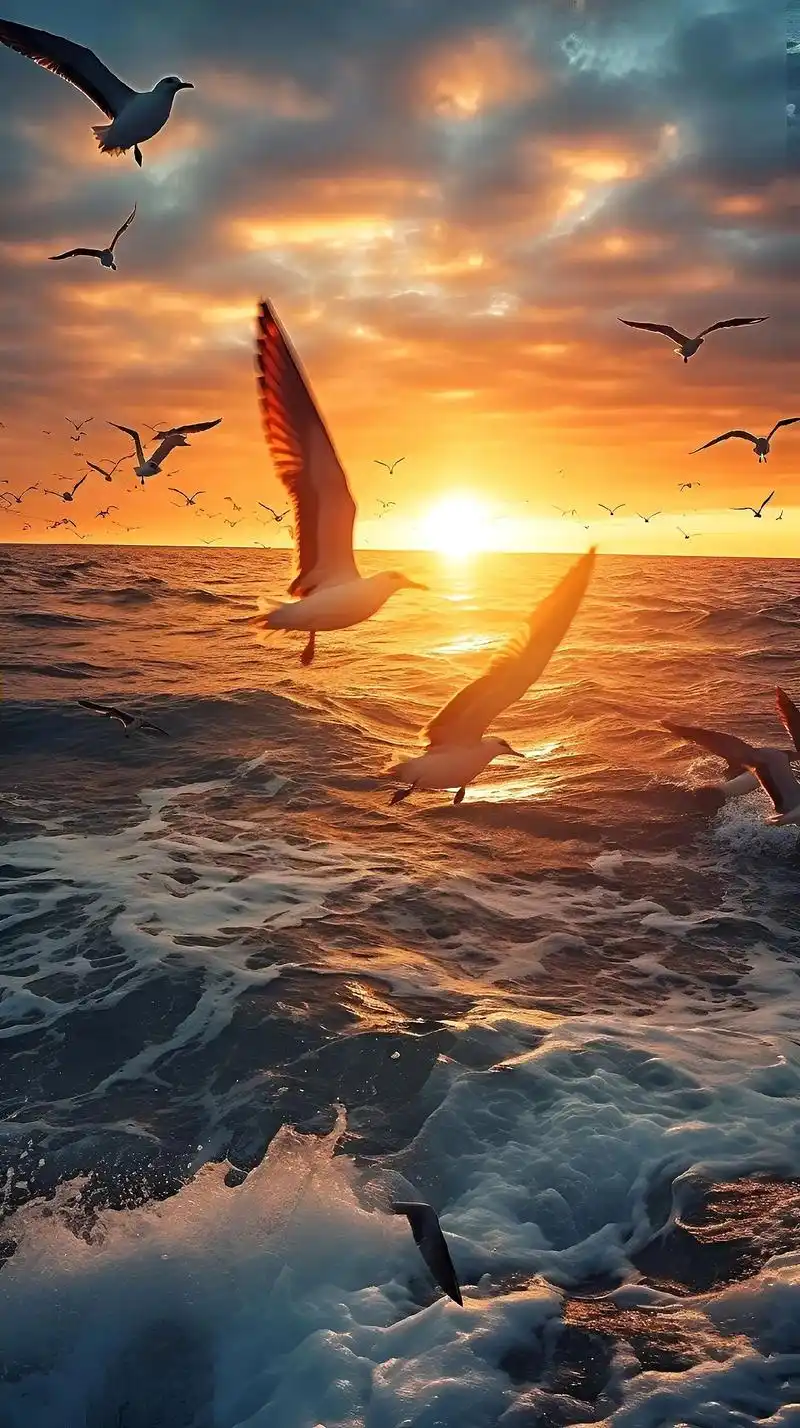 大海是世界上最壮观的自然景观之一,它的落日,波涛,礁石和海鸥 - 抖音