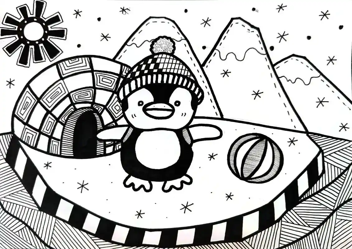 黑白线描不怕冷的小企鹅