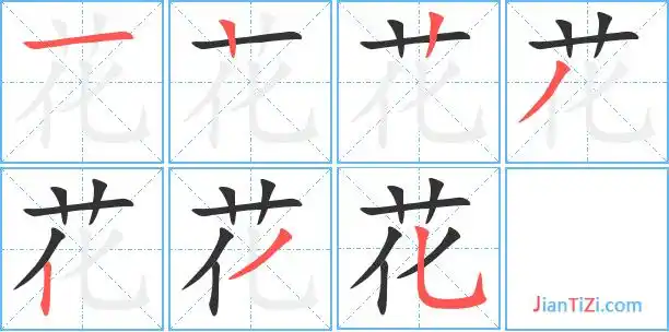 花字笔顺 花字笔划 花字笔画:hua花同音字花组词(2个字)