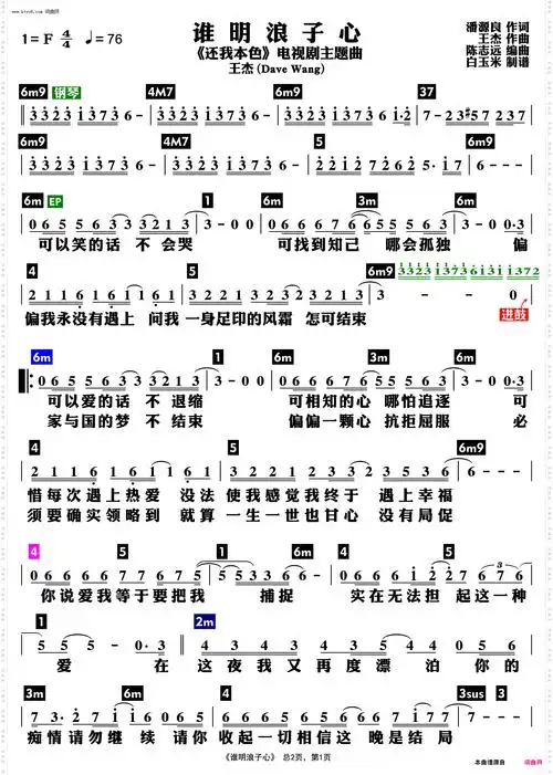 《谁明浪子心(功能谱)》潘源良作词 王杰作曲 王杰演唱(奏) ,原创歌曲