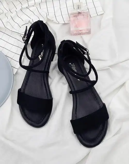 2017新品学院风韩版休闲交叉绑带平底凉鞋黑色