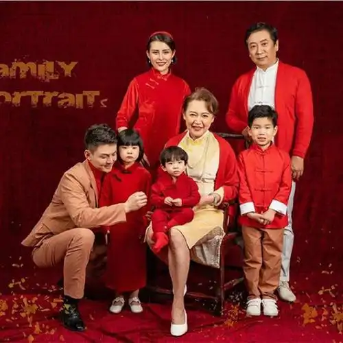 全家福服装中国风影楼民国风写真灰色圣诞节改良旗袍文艺红色家族